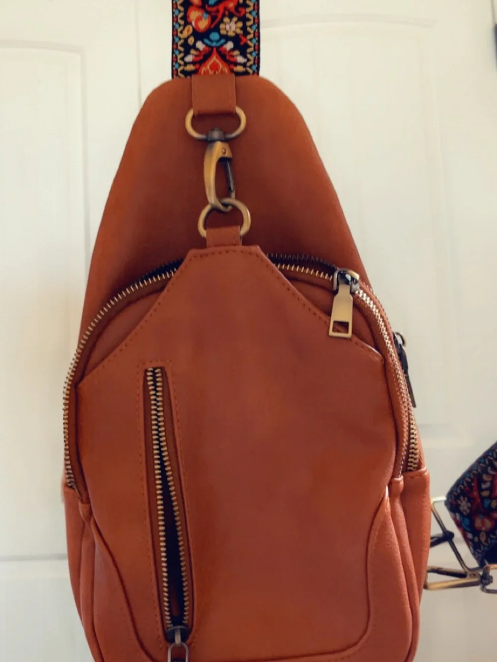 Women's Tan Leather Crossbody Sling Bag with Embroidered Strap
